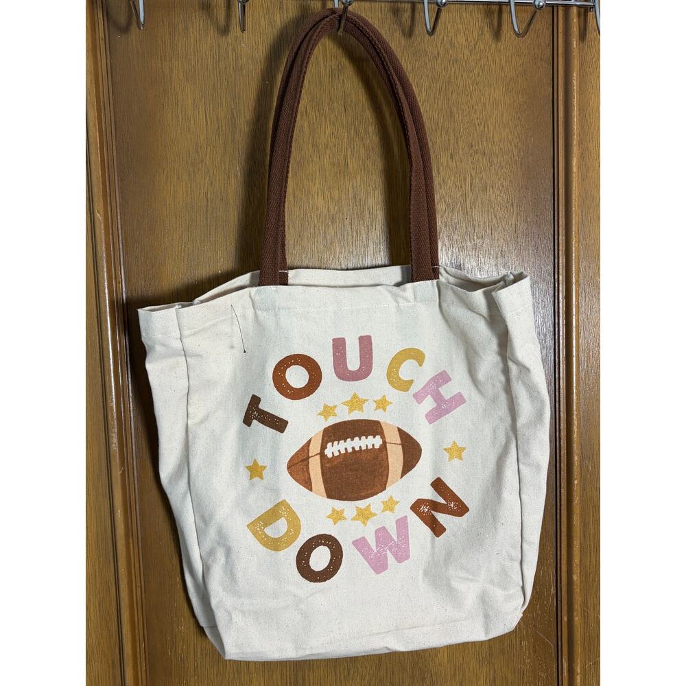 Touchdown Canvas Tote Bag Football Graphic Recycled Cotton Brown Neutral Fall